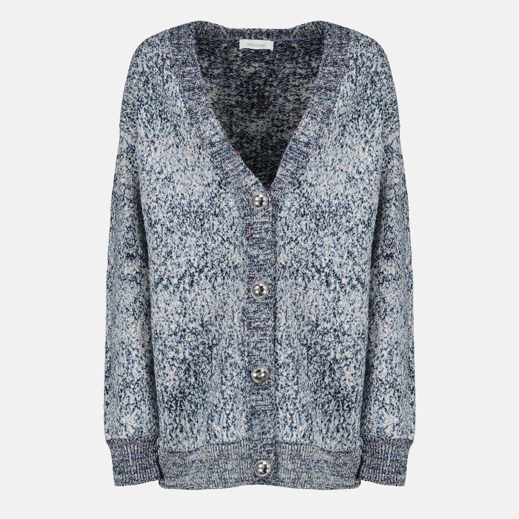 Image of the blue cotton tweed effect cardigan by Rabanne for Women - Spring-Summer 2026 - Front View