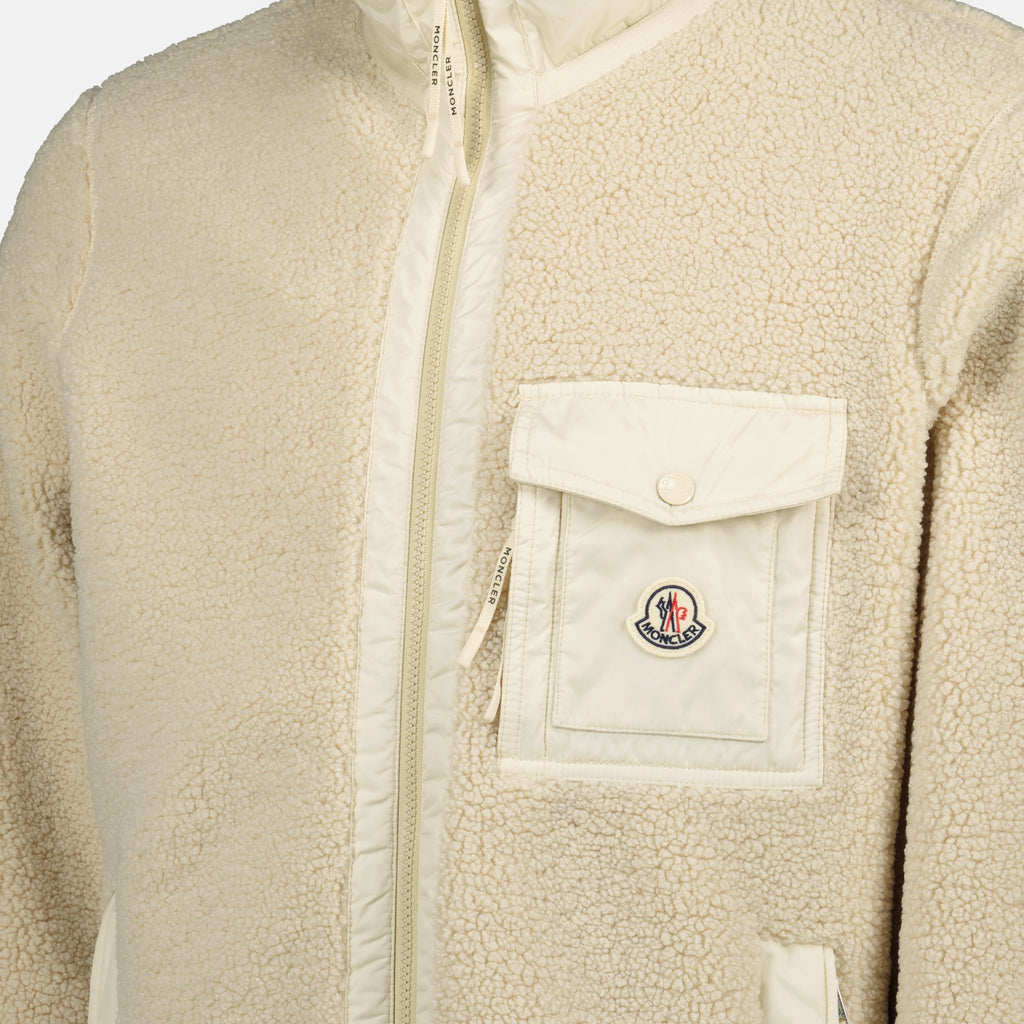 Image of Moncler's beige teddy zip-up jacket for Men - Fall-Winter 2025 - Detailed View 1
