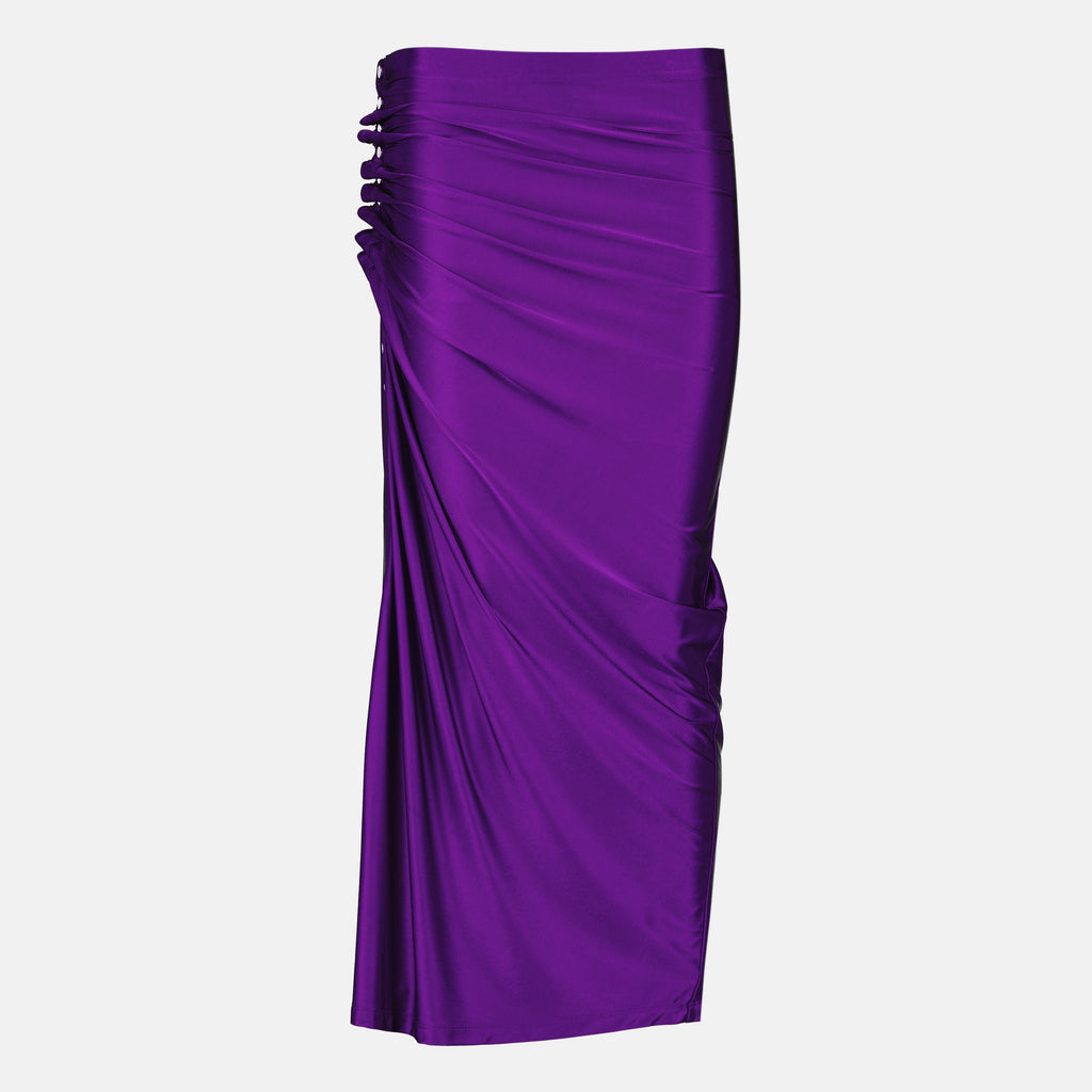 Image of the purple jersey draped midi skirt with a satin finish by Rabanne for Women - Spring-Summer 2026 - Front View