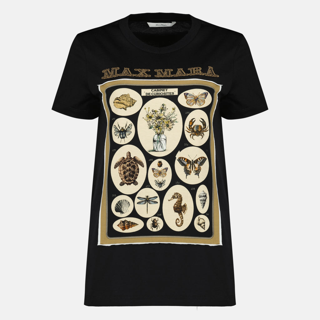 여성용 맥스 마라 블랙 코튼 프린트 티셔츠 이미지 - 2026년 봄/여름 - 정면 보기