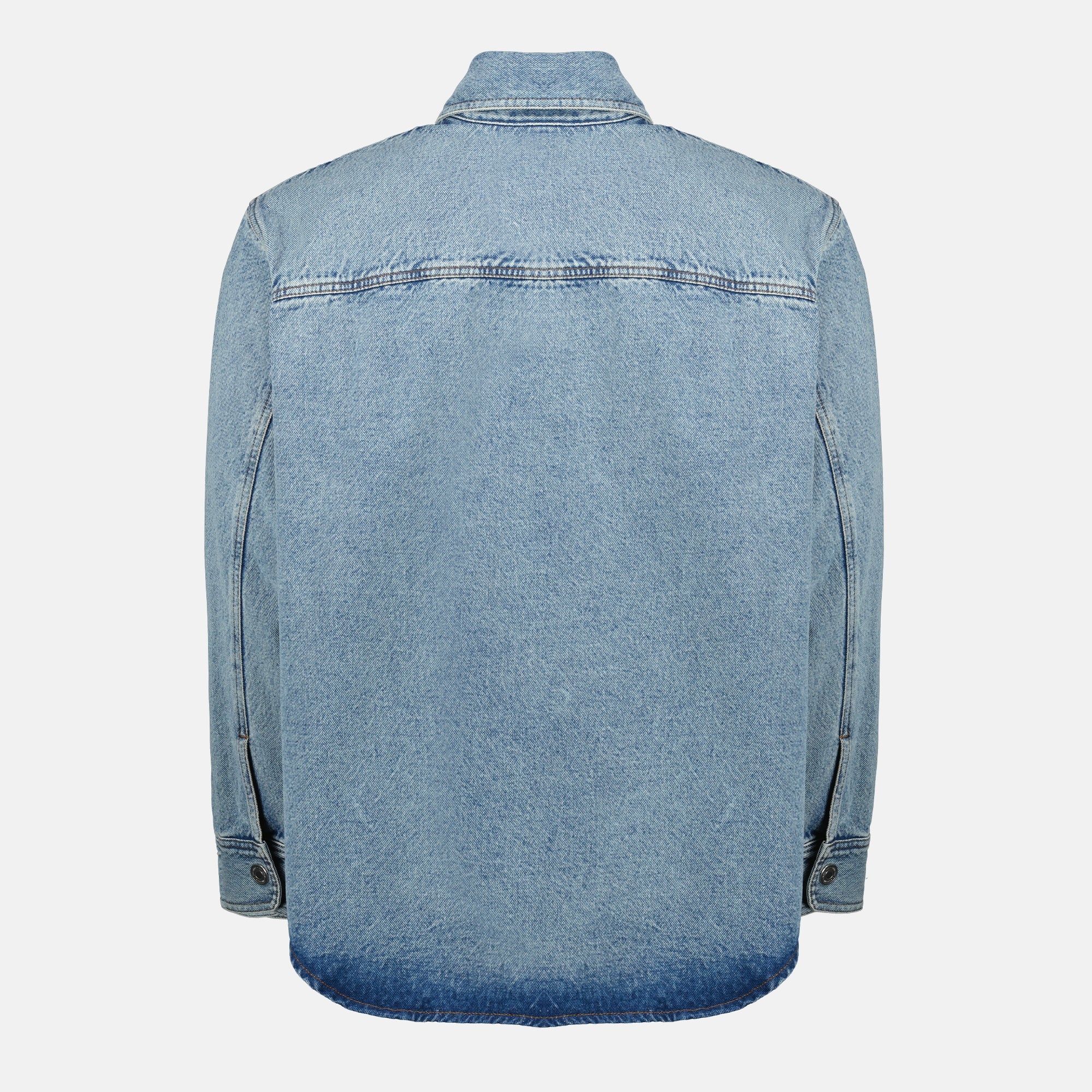 Image of the AMI blue crochet heart denim shirt by Ami PARIS for Unisex - Spring-Summer 2026 - Back View