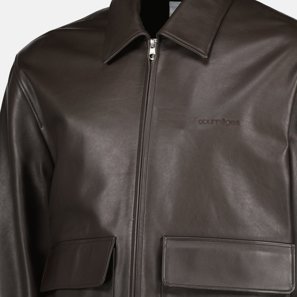 Image of the item Brown leather zip jacket by Courrèges for Men - Spring-Summer 2026 - Detailed view_1