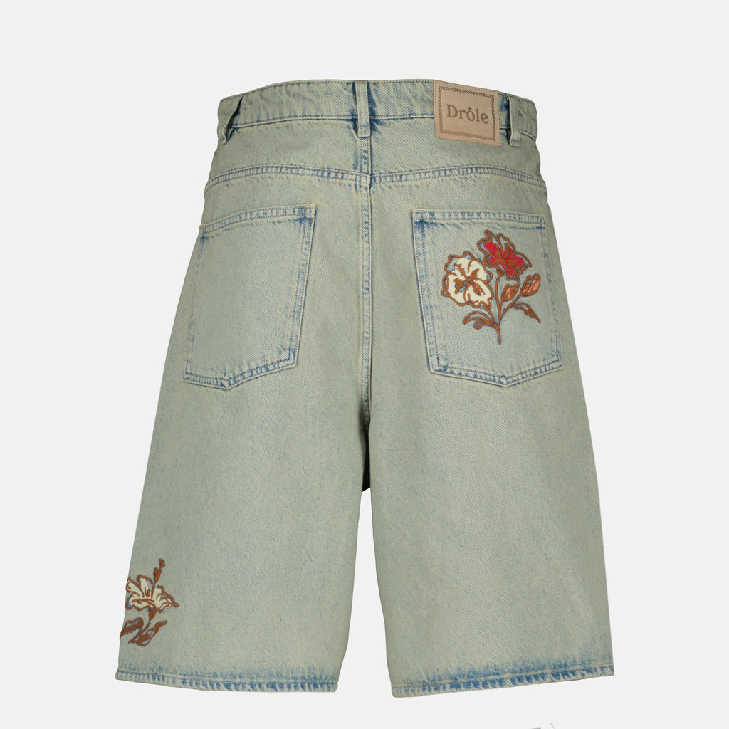 Image de l'article Short Dusty brodé fleurs en denim bleu de la marque Drole De Monsieur pour Homme - Saison Printemps-Été 2026 - Vue de Dos
