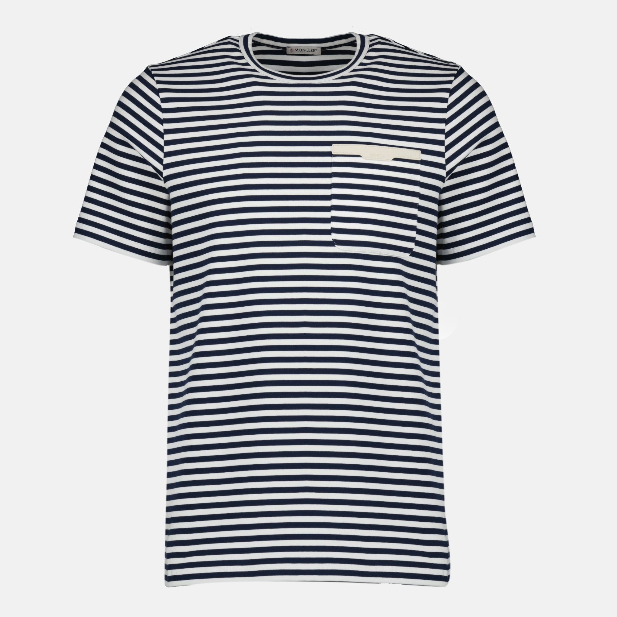 Image of the Moncler brand navy striped T-shirt for men - Spring-Summer 2026 - Front View