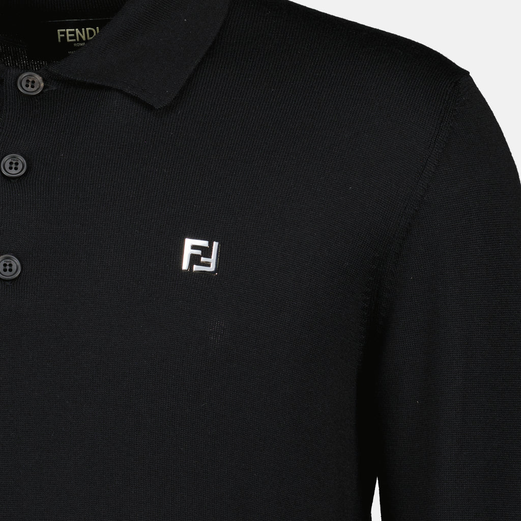 Image of the black wool polo shirt by Fendi for Men - Autumn-Winter 2025 - Detailed View_1