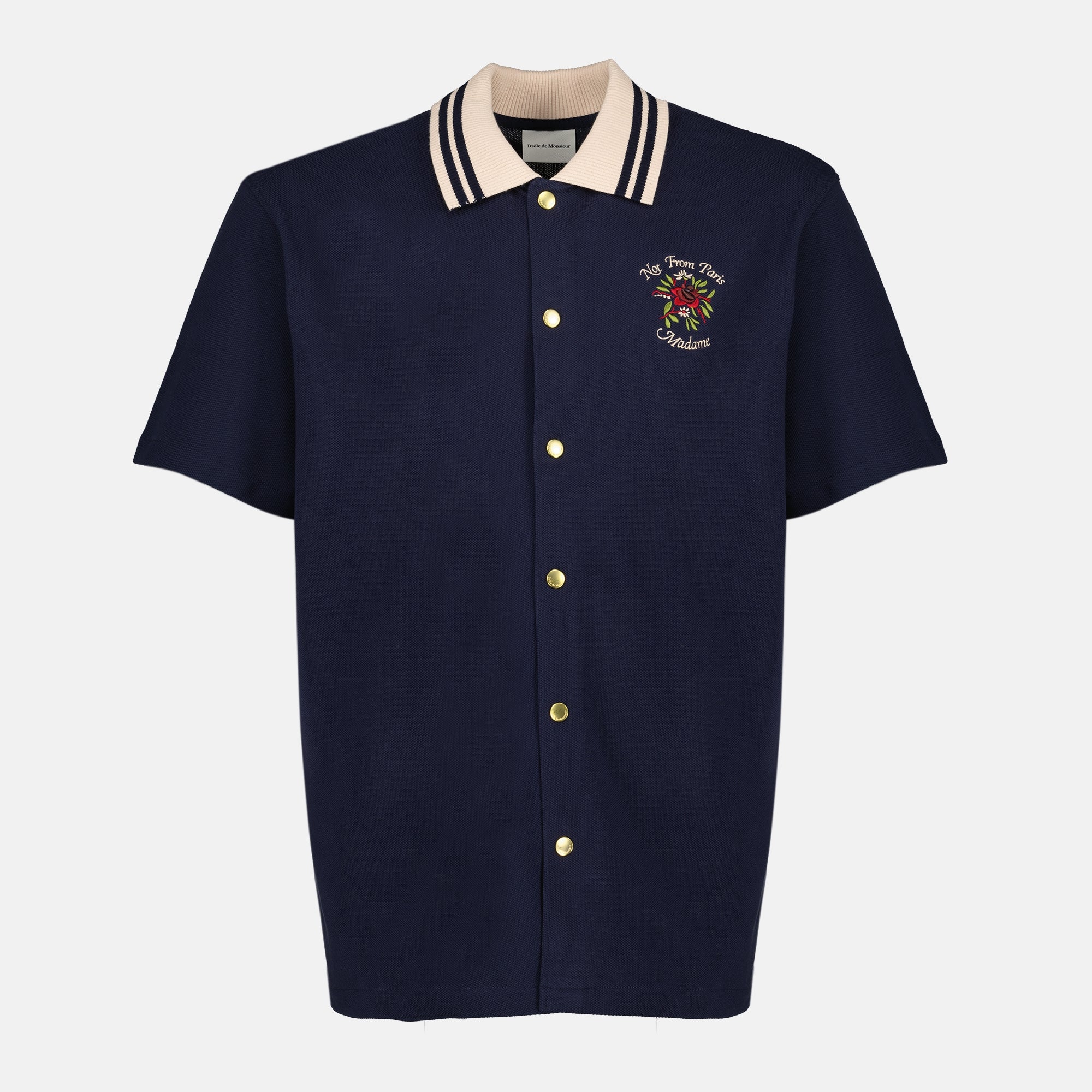 Image of the Cotton Piqué Shirt Slogan Navy Blue Pink from the brand Drole De Monsieur for Men - Spring-Summer 2026 - Front View