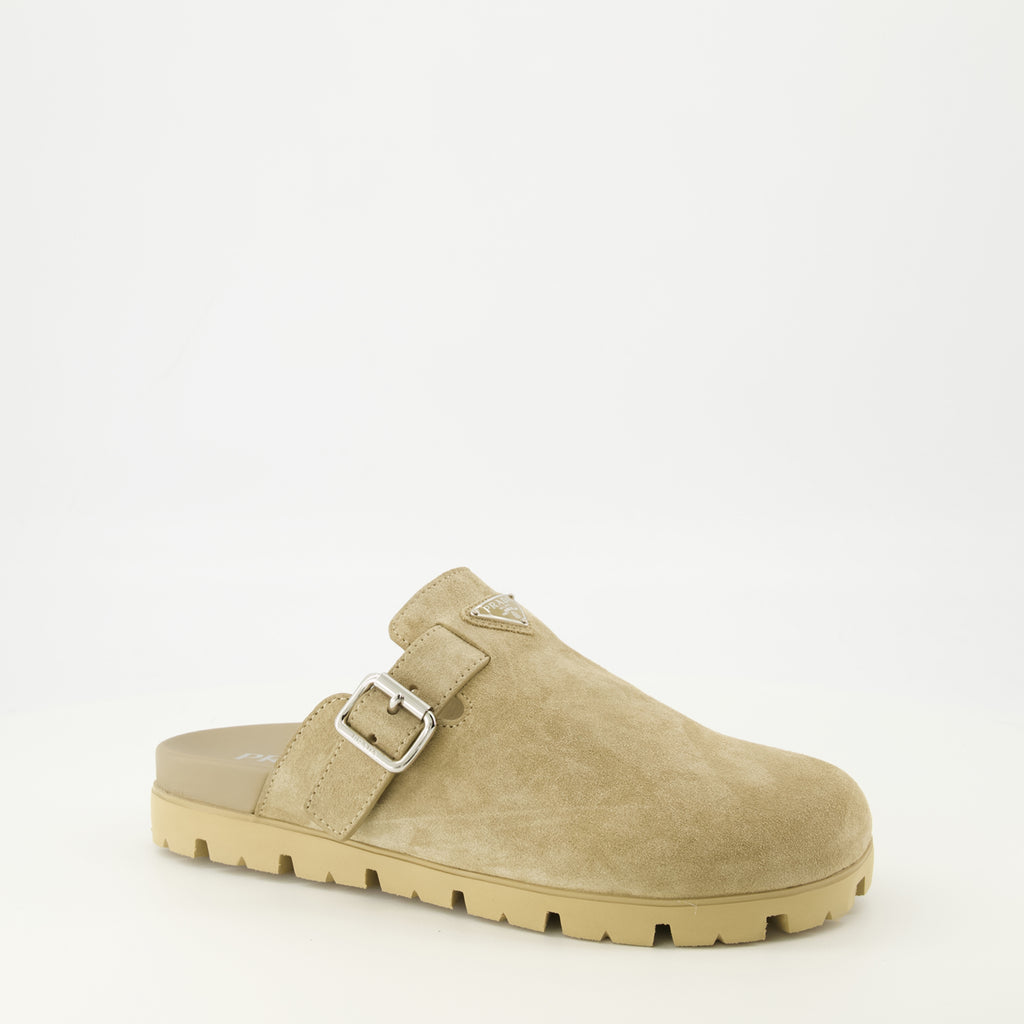 Image of the beige suede mules by Prada for Men - Spring-Summer 2026 - Right three-quarter front view