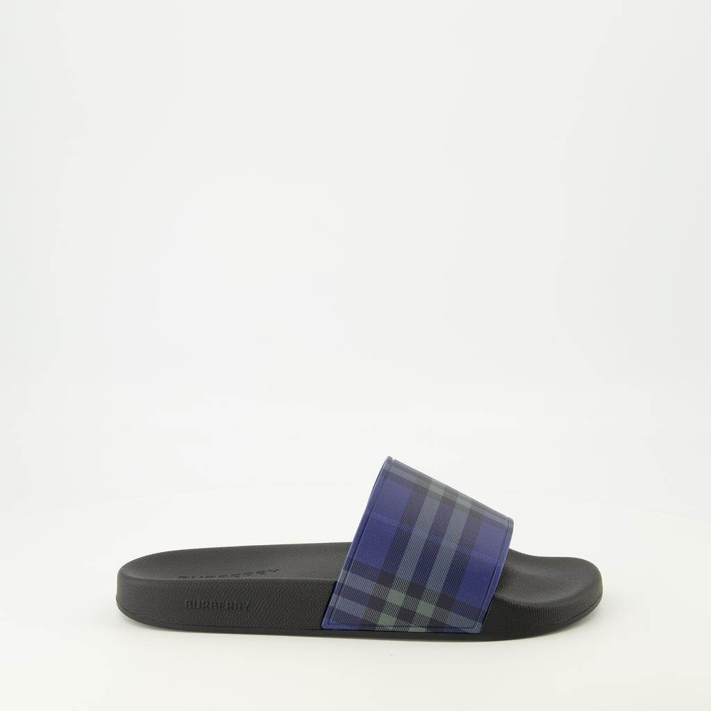 Chaussures ouvertes Check Navy Blue Slides Burberry Bleu fonce Homme