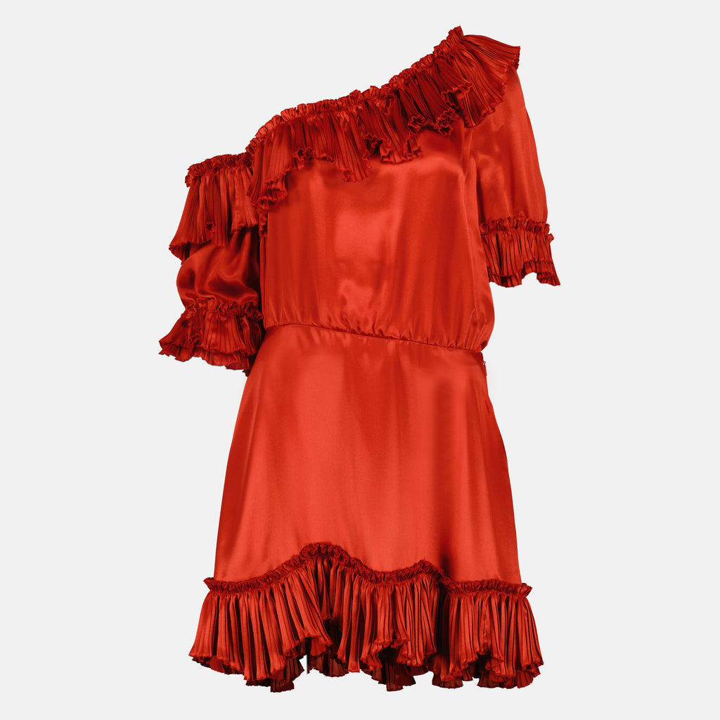 Imagen del artículo vestido rojo de satén con volantes de la marca Saint Laurent para mujer - Temporada Primavera-Verano 2026 - Vista frontal