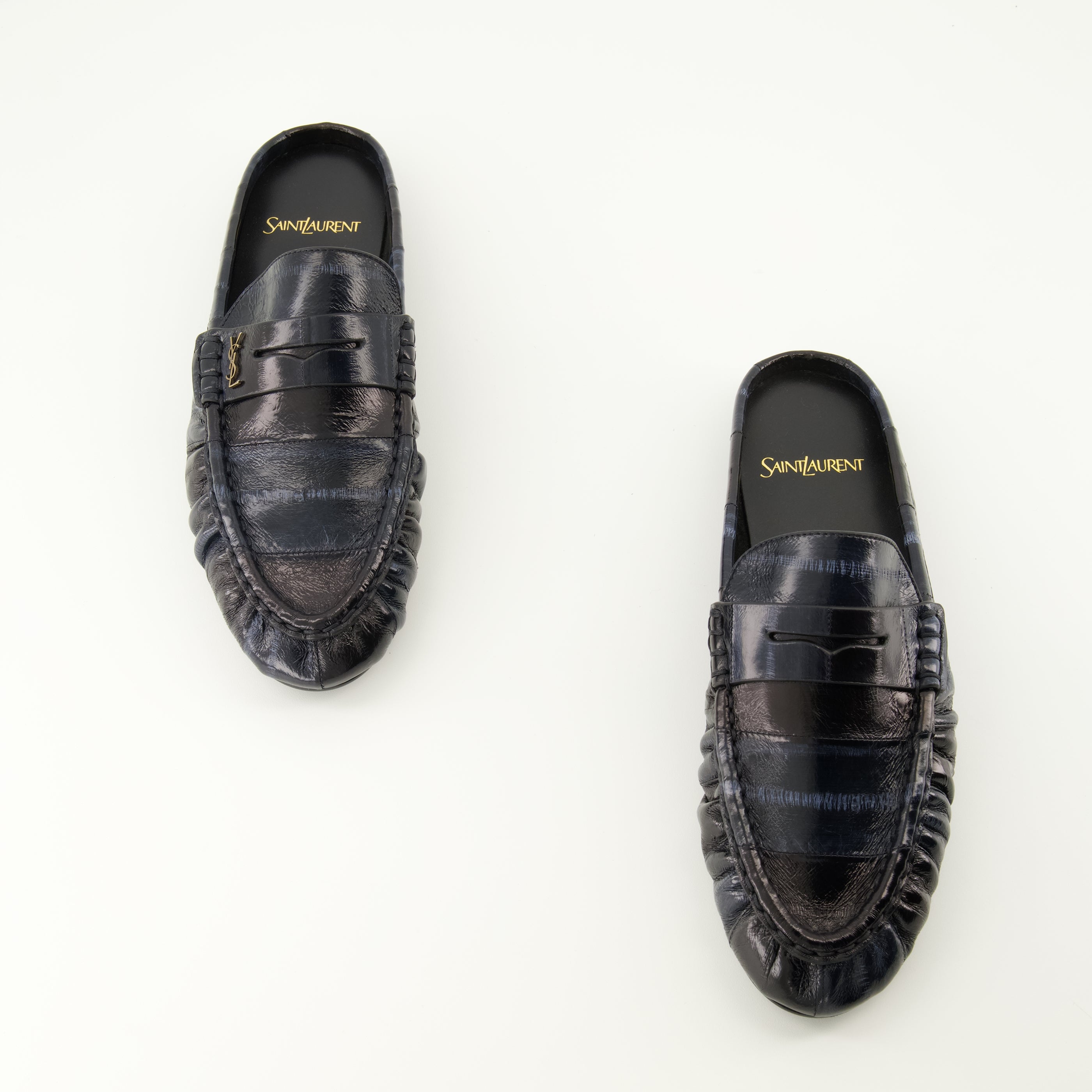 Chaussures ouvertes Mules Loafer de Cuero de Anguila Saint Laurent Bleu foncé Femme
