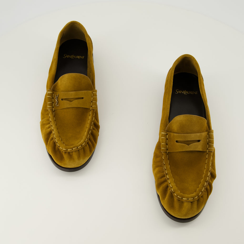 Image of the brown suede leather Loafer Moccasins by Saint Laurent for Men - Spring-Summer 2026 Season - Top View of Shoe Pair