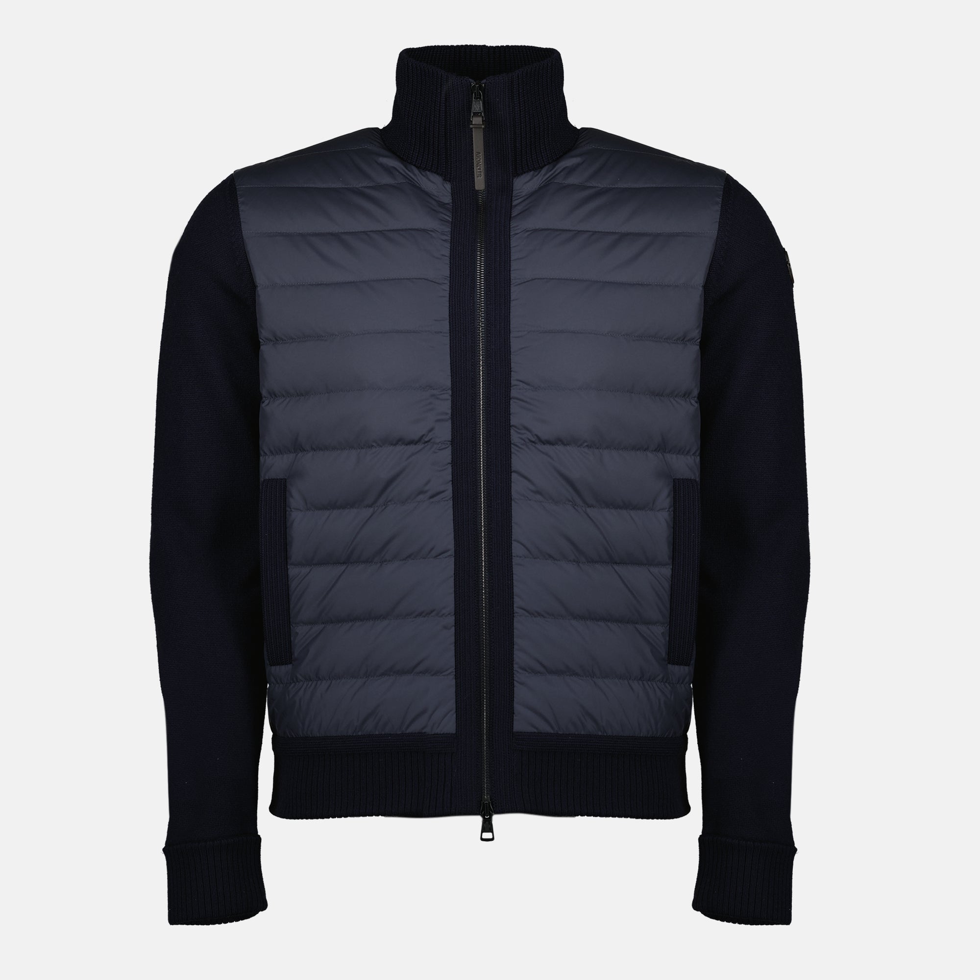 Image of the Moncler bi-material navy blue cardigan for men - Spring-Summer 2026 - Front view