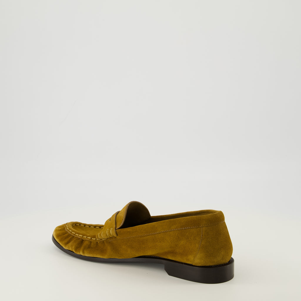 Image of the brown suede leather Loafer Moccasins by Saint Laurent for Men - Spring-Summer 2026 Season - Three-Quarter Back Right View
