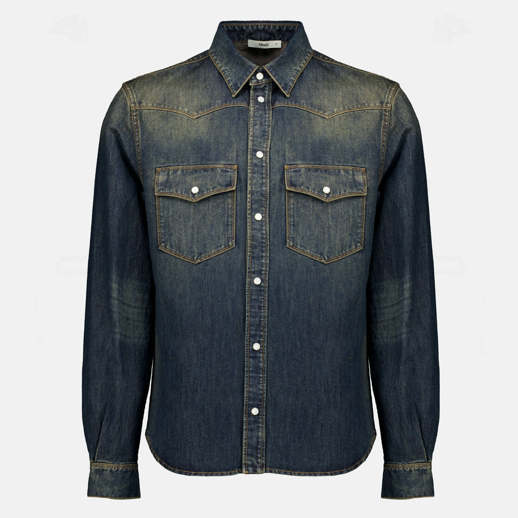 Chemises Faded Blue Denim Shirt Fendi Bleu Homme