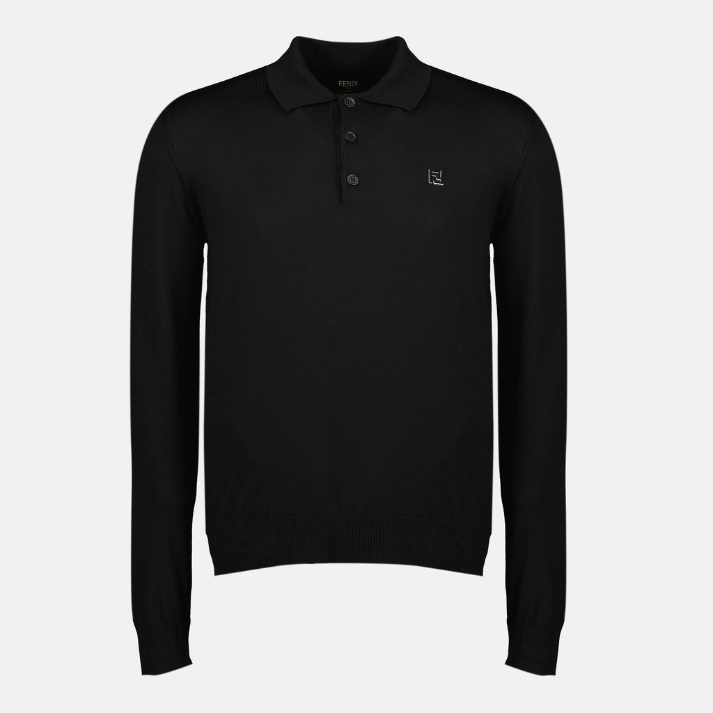 Image of the black wool polo shirt by Fendi for Men - Autumn-Winter 2025 - Front View