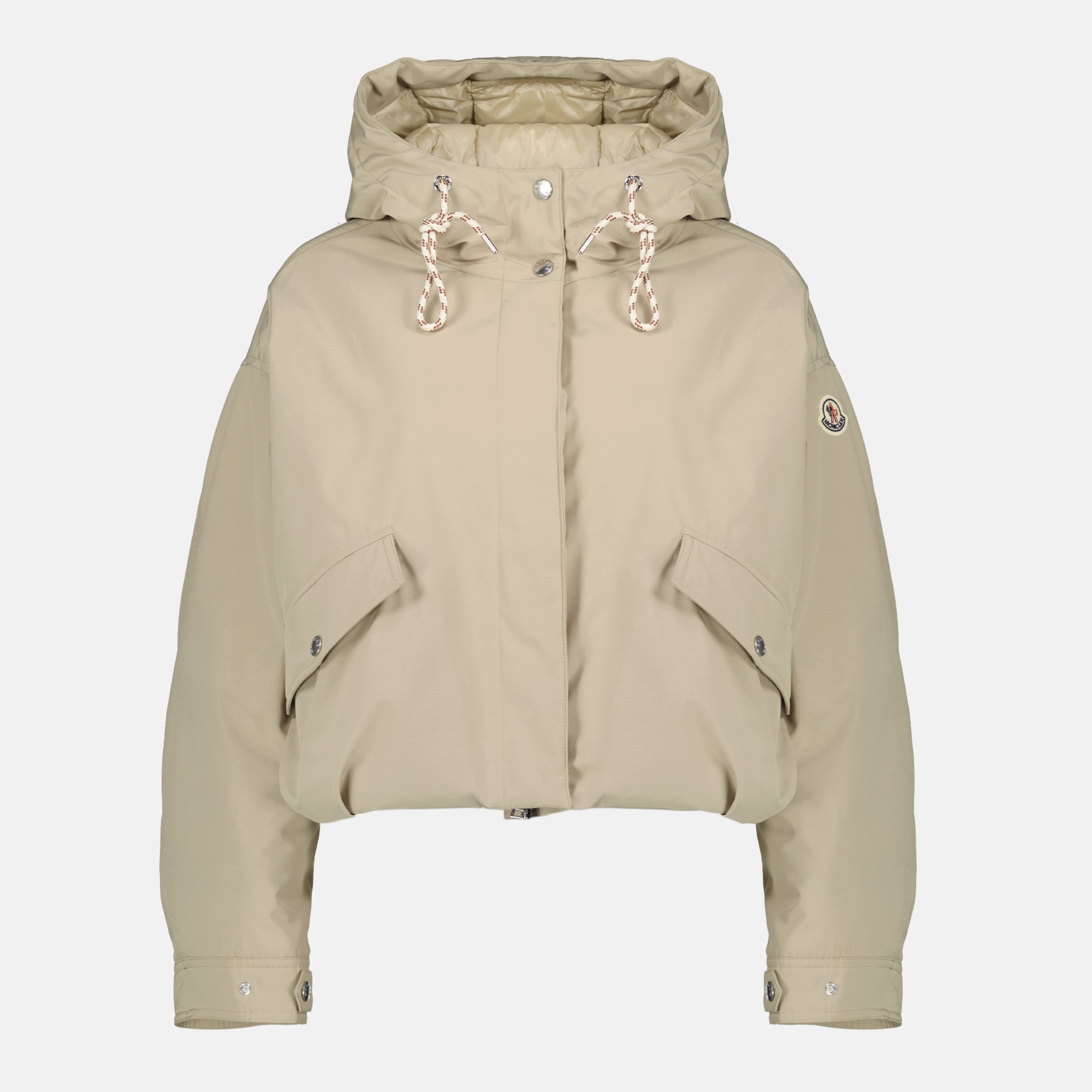 Image of the Moncler Women's Short Eucalyptus Beige Down Jacket - Spring-Summer 2026 - Front View