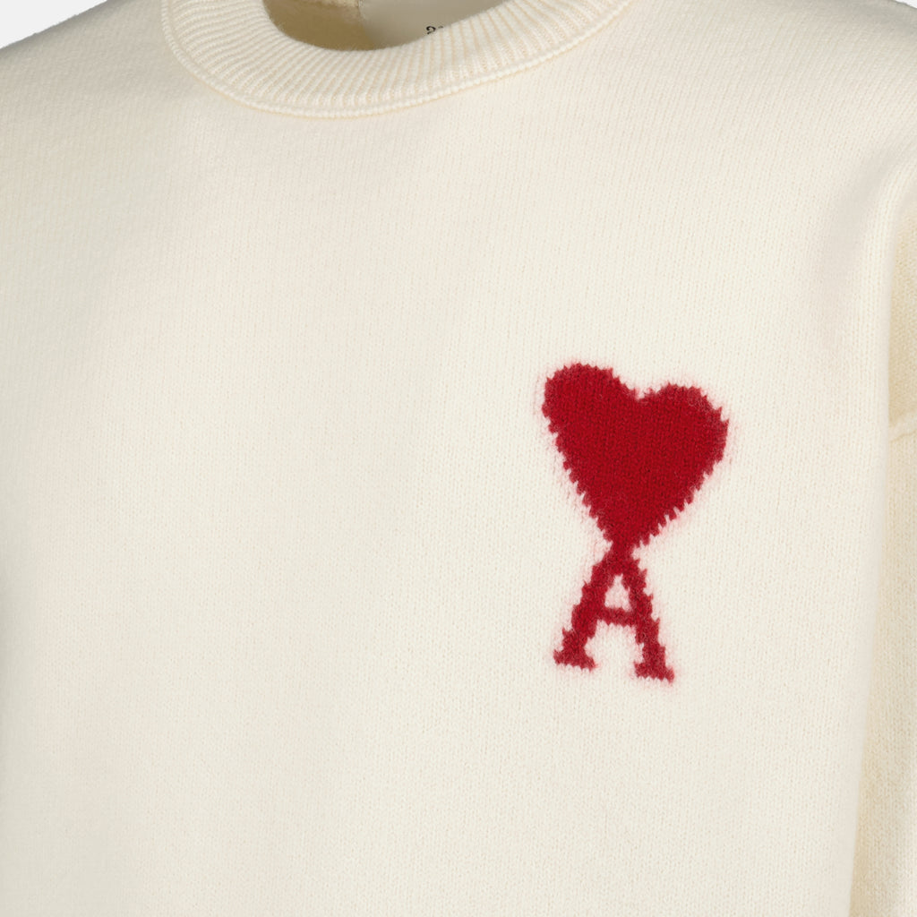 Image of the AMI beige heart sweater by the brand Ami PARIS for Unisex - Spring-Summer 2026 - Detailed View_1