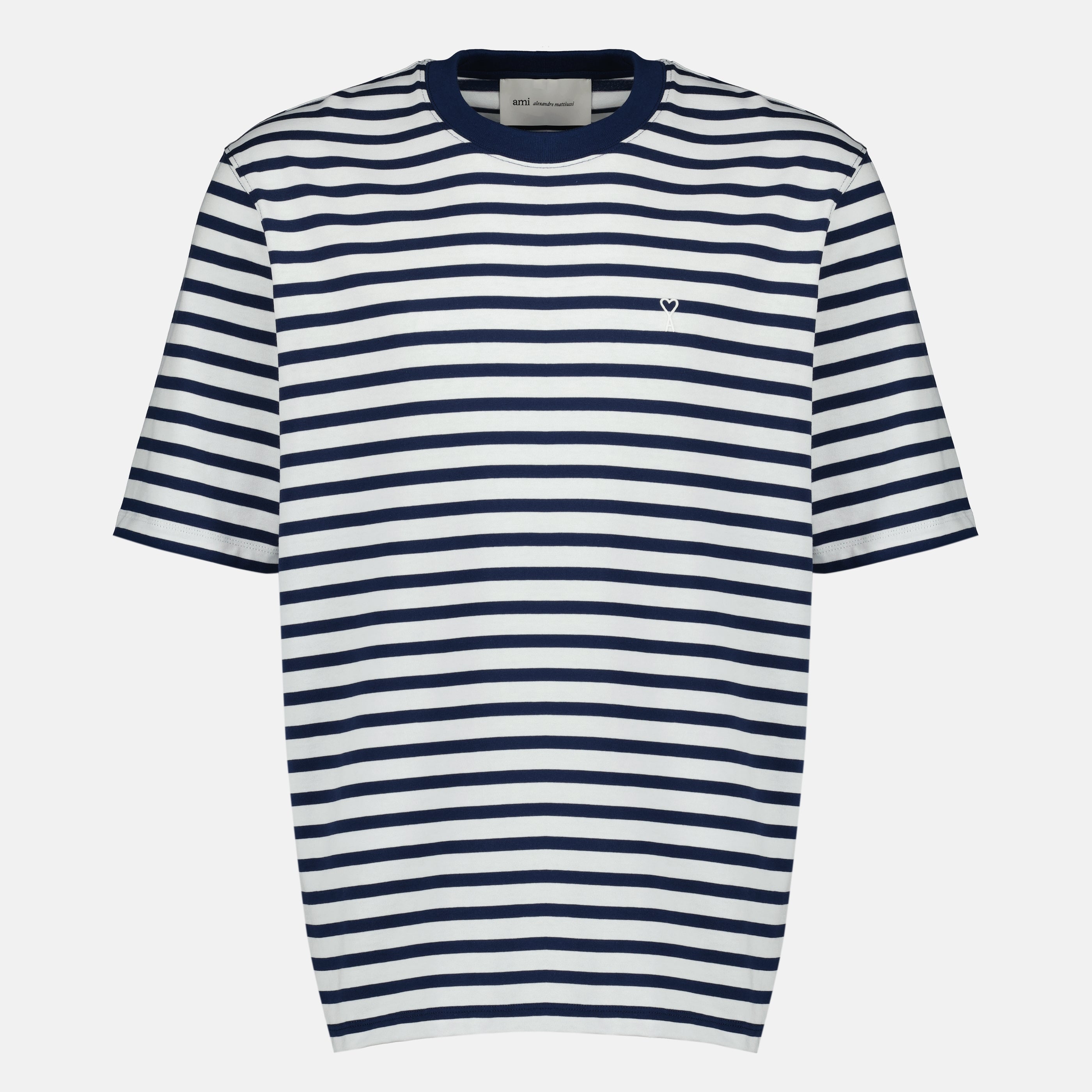Image of the AMI heart striped cotton T-shirt from the brand Ami PARIS for Unisex - Spring-Summer 2026 - Front View