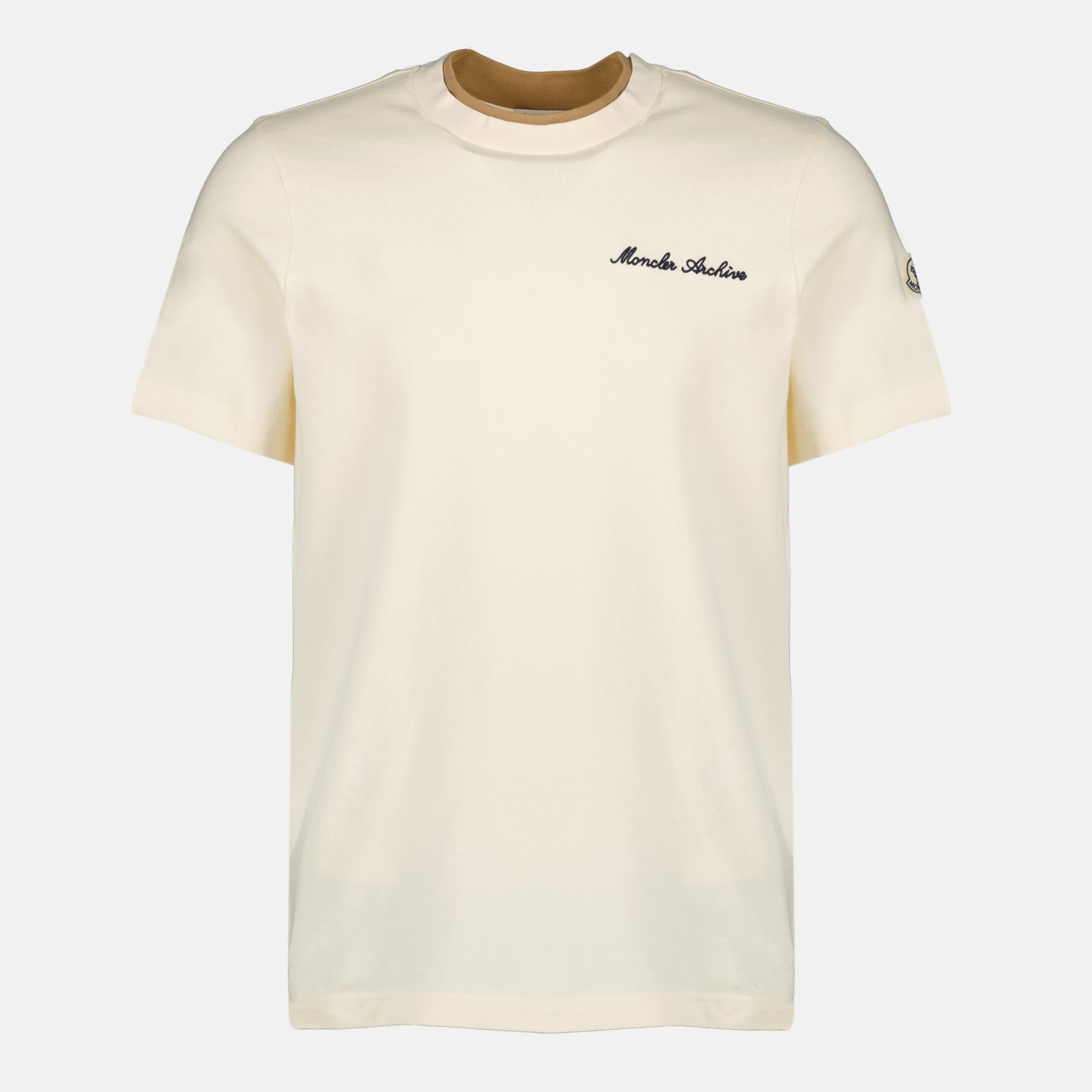 Image of the Moncler Men's embroidered beige T-shirt - Spring-Summer 2026 - Front View
