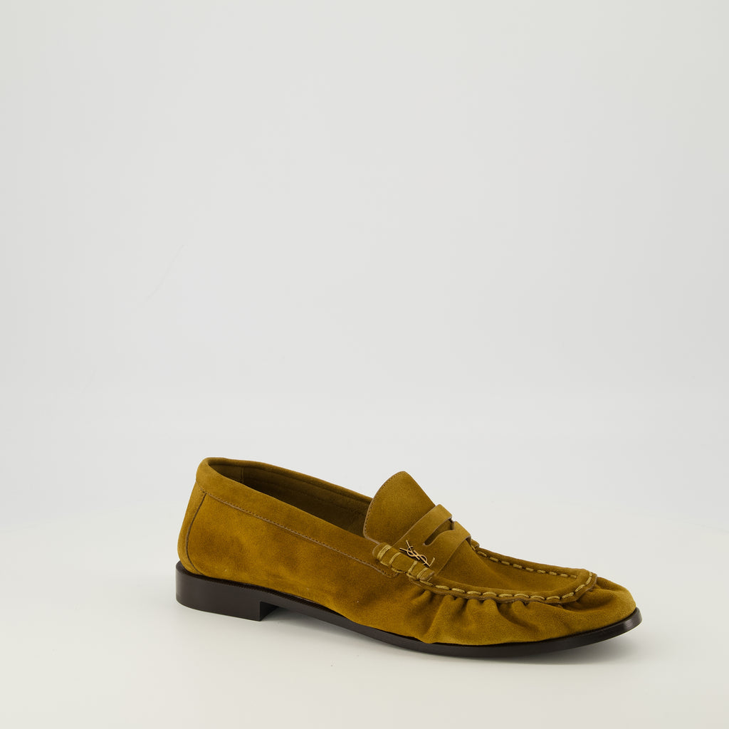Image of the brown suede leather Loafer Moccasins by Saint Laurent for Men - Spring-Summer 2026 Season - Three-Quarter Front Right View