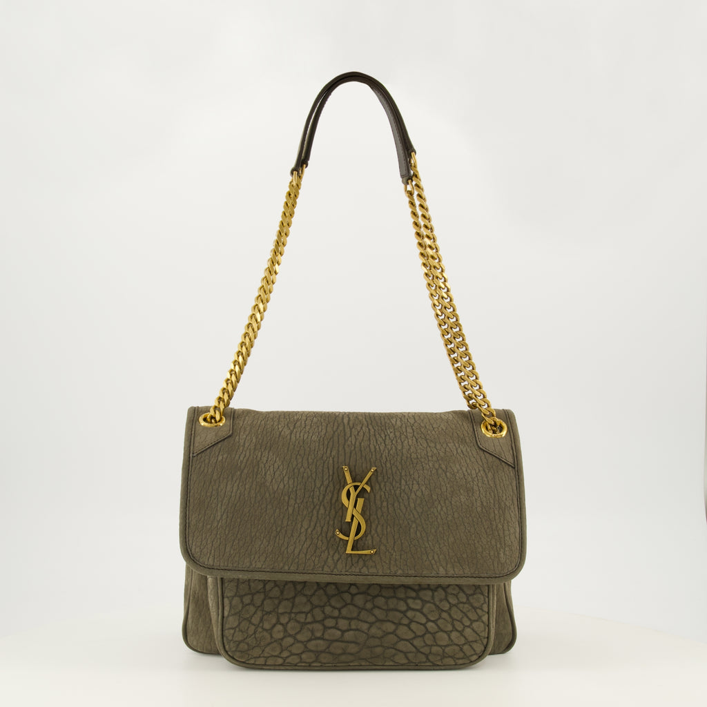 Sacs bandoulière Bolsa de Couro Castanho Efeito Jacaré Niki Saint Laurent Kaki Femme
