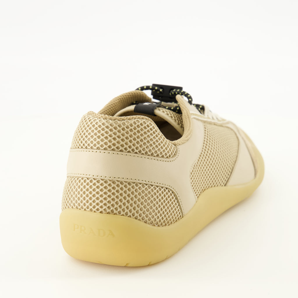 Baskets Sapatilhas Speedrock Beijes em Couro e Malha Prada Beige Homme