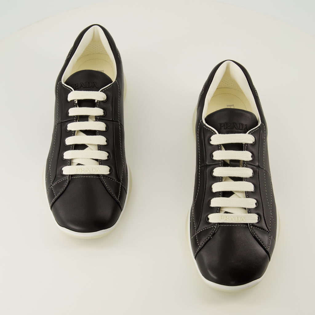 Image of the Prada Men's Black Leather America's Cup Sneakers - Fall-Winter 2025 - Top view of the pair of shoes