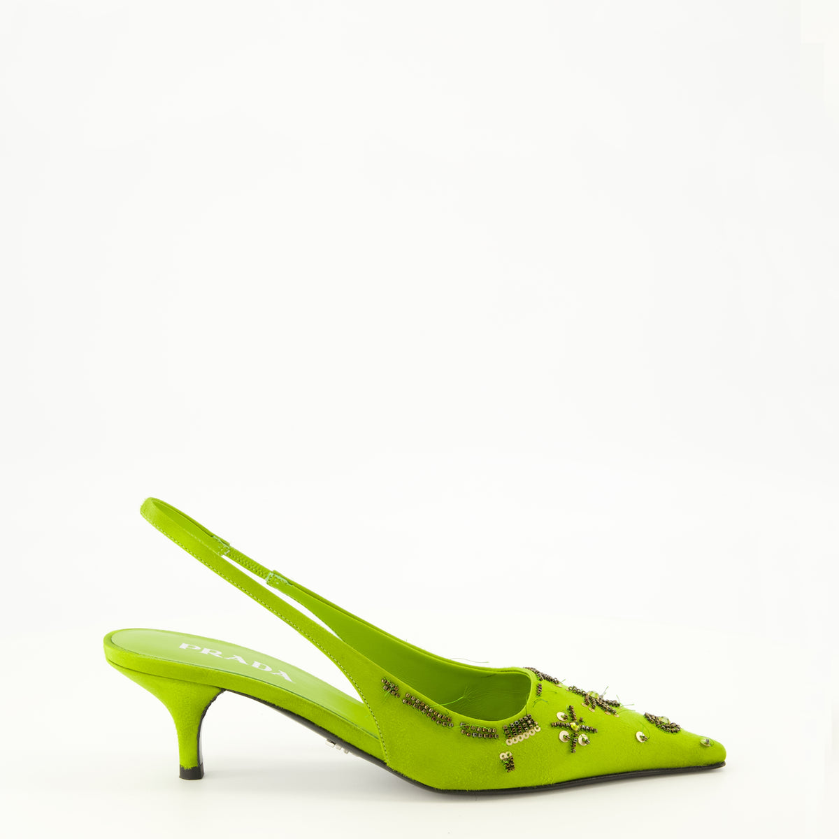 Escarpins グリーン刺繍サテンベイビーヒール Prada Vert Femme