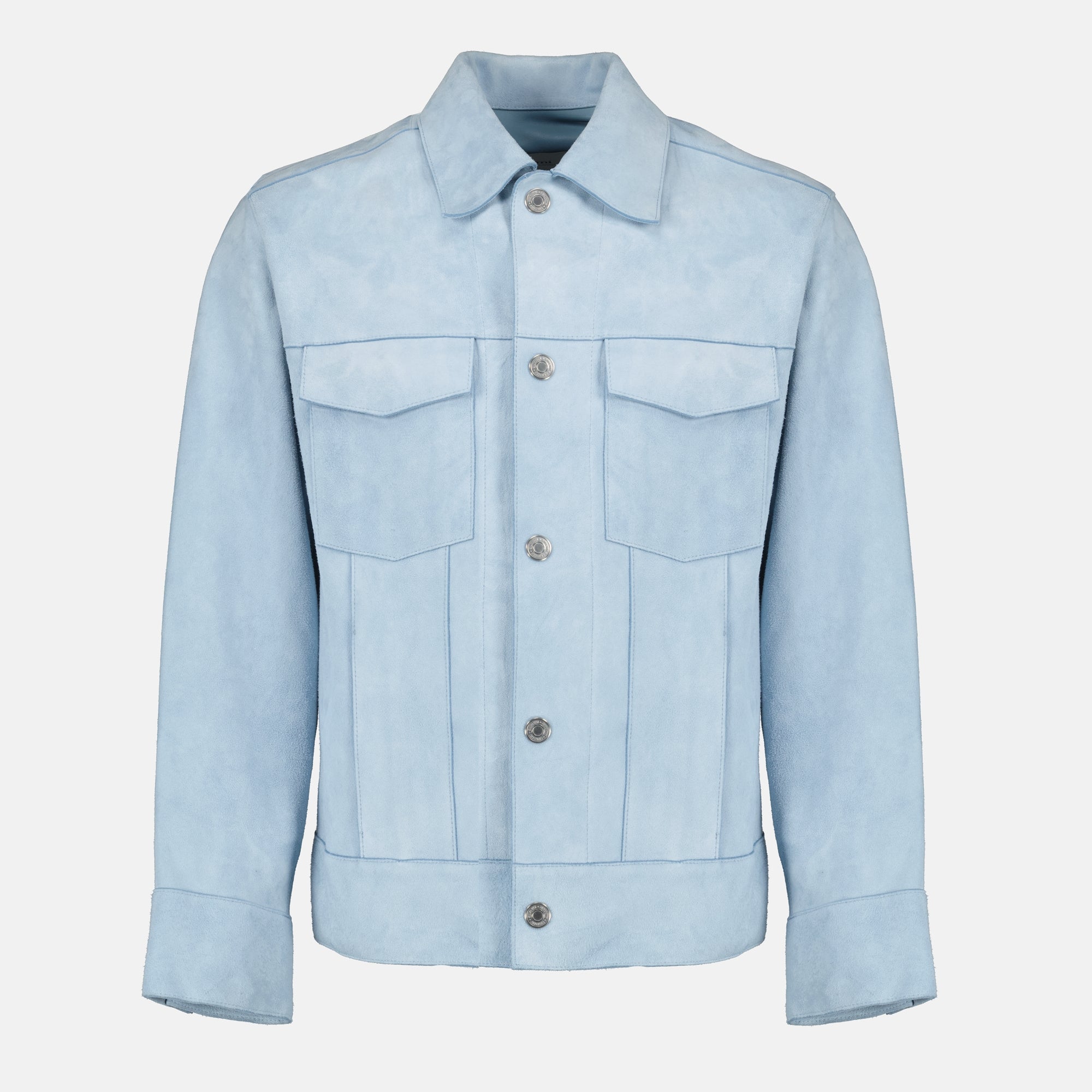 Image of the blue leather jacket from the brand Ami PARIS for Unisex - Fall-Winter Season 2025 - Front View