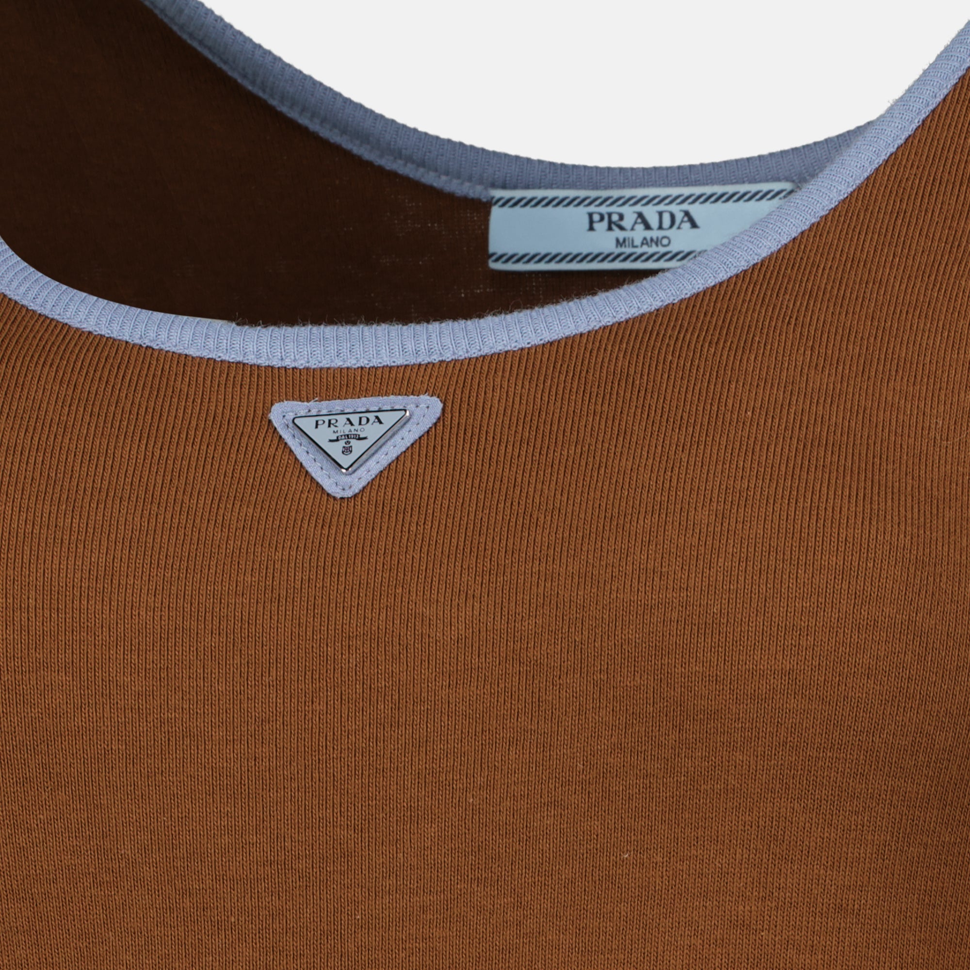 Image of the brown ribbed tank top from the brand Prada for women - Spring-Summer 2026 - Detailed view_1