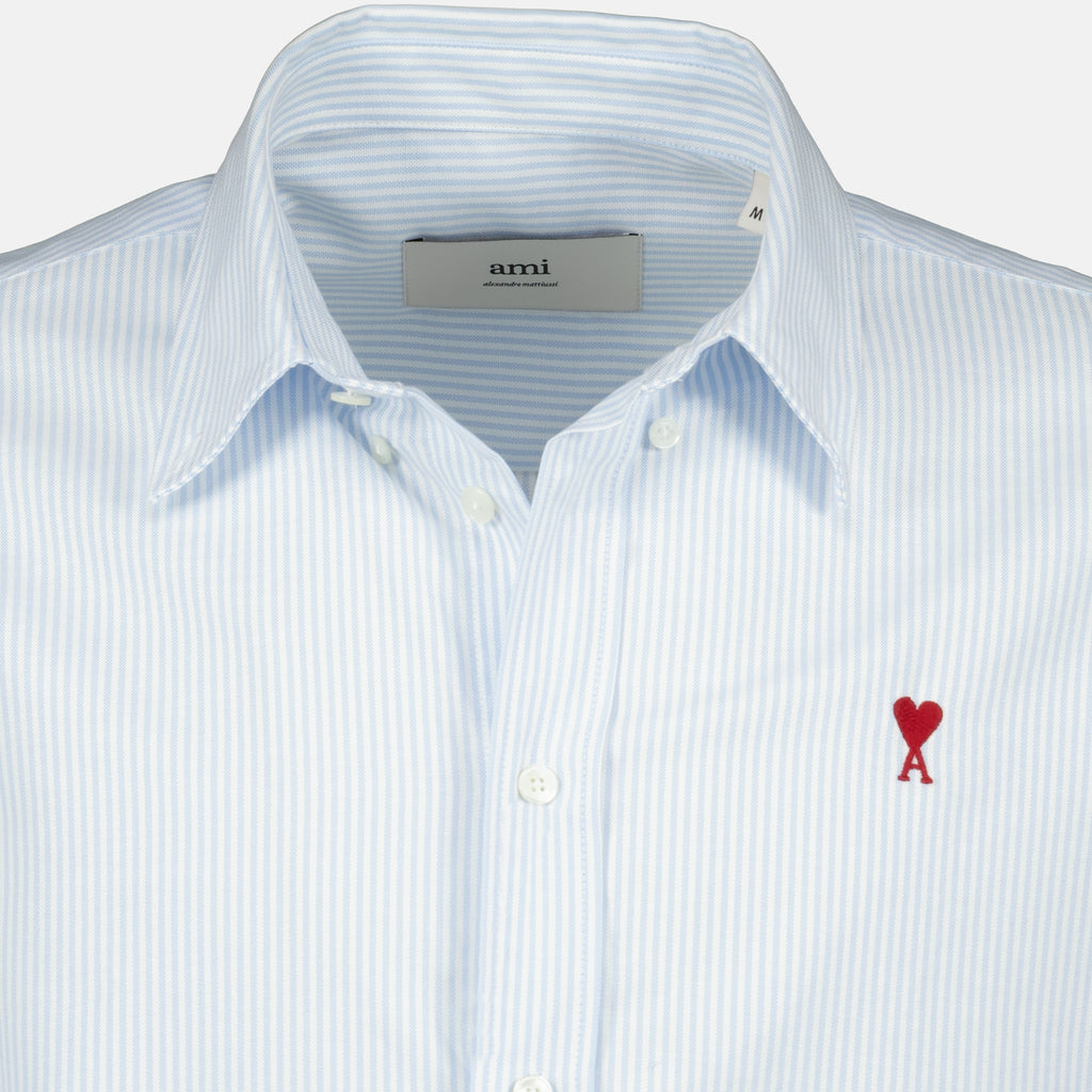 Image of the blue striped Ami heart shirt by the brand Ami PARIS for Unisex - Autumn-Winter 2025 - Detailed View_2