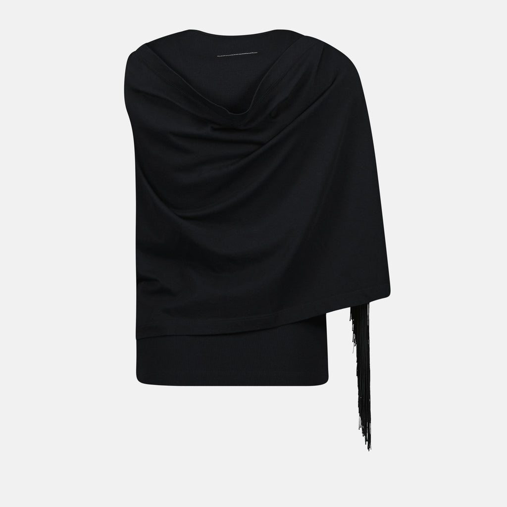 Tops Fringed T-shirt Mm6 Black Femme