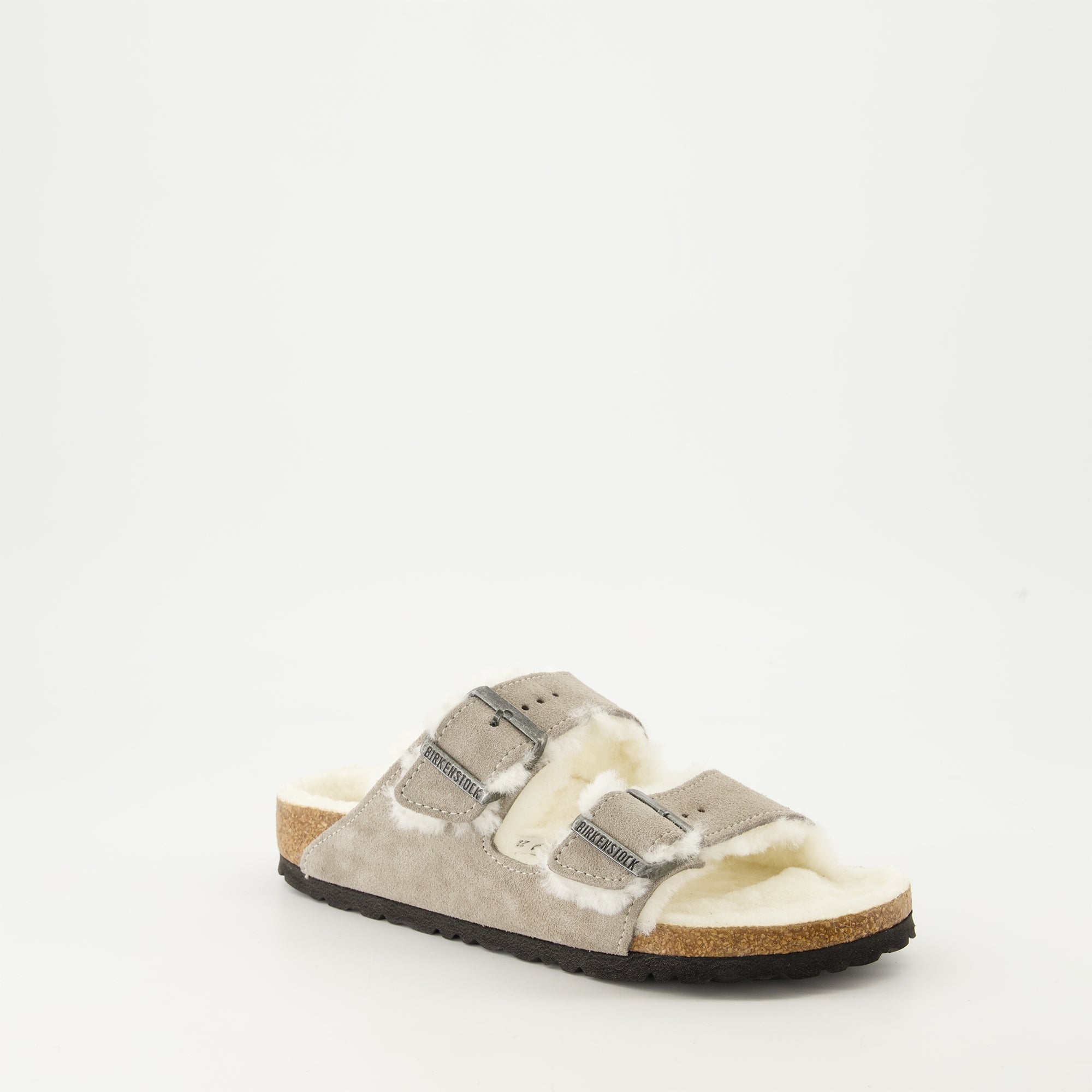 Chaussures ouvertes Claquettes Arizona en fourrure Birkenstock Gris Unisexe