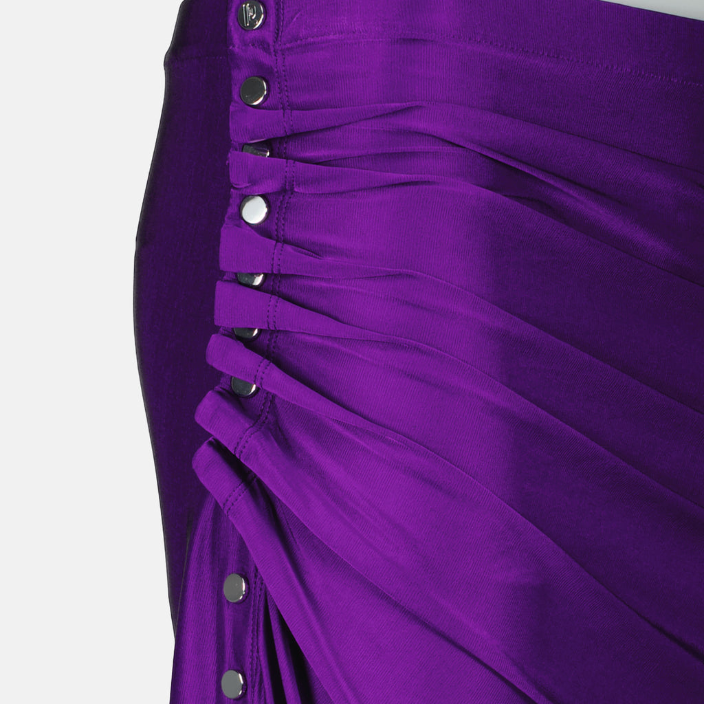 Image of the purple jersey draped midi skirt with a satin finish by Rabanne for Women - Spring-Summer 2026 - Detailed View 1