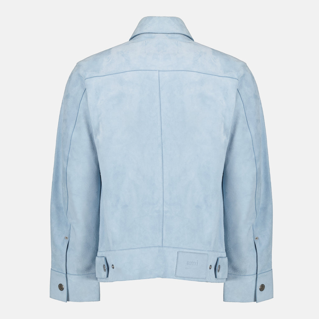 Imagen de la chaqueta de cuero azul de la marca Ami PARIS para Unisex - Temporada Otoño-Invierno 2025 - Vista Trasera