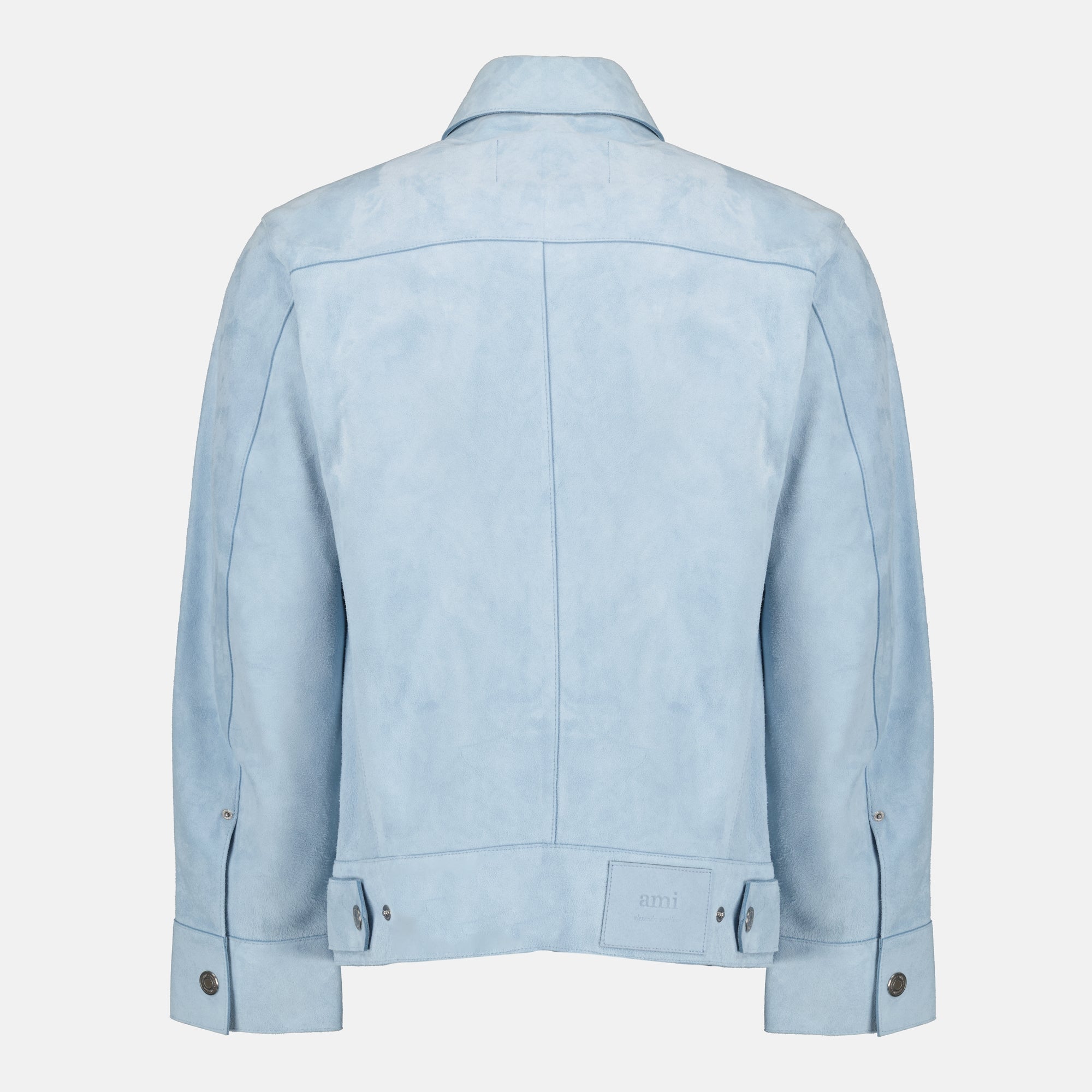 Image of the blue leather jacket from the brand Ami PARIS for Unisex - Fall-Winter Season 2025 - Back View