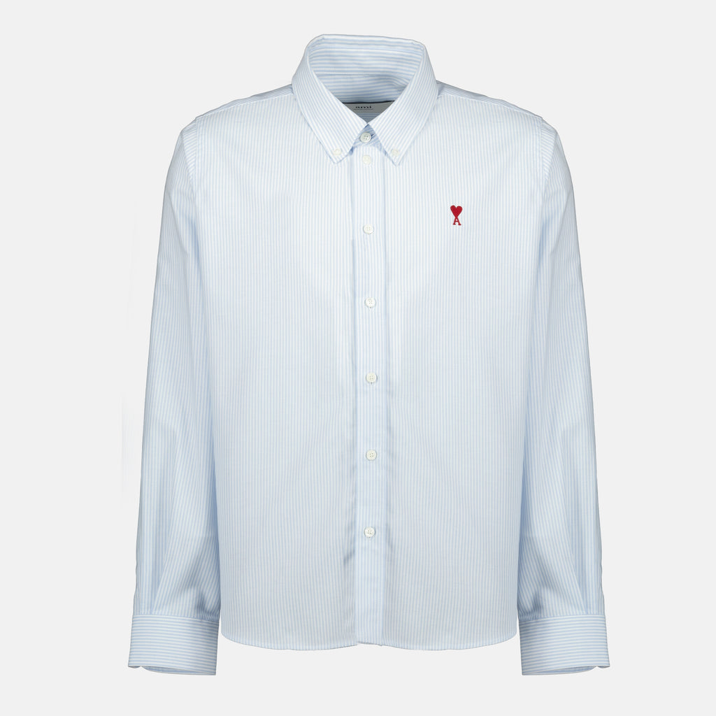 Image of the blue striped Ami heart shirt by the brand Ami PARIS for Unisex - Autumn-Winter 2025 - Front View