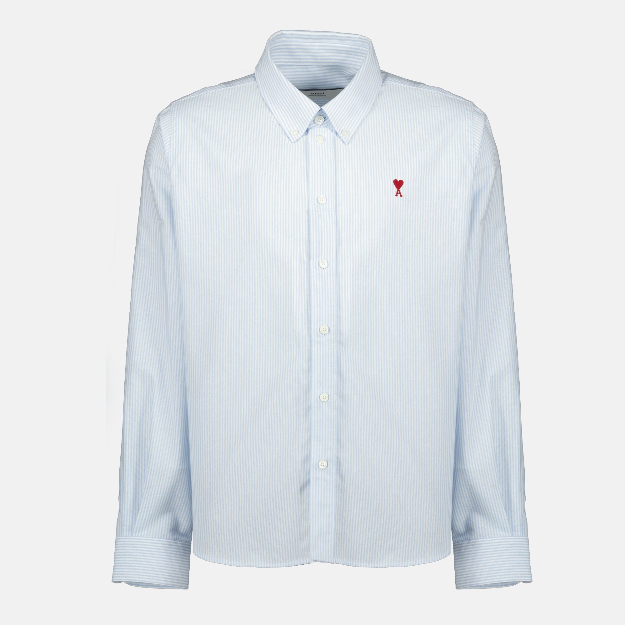 Image of the blue striped Ami heart shirt by the brand Ami PARIS for Unisex - Autumn-Winter 2025 - Front View