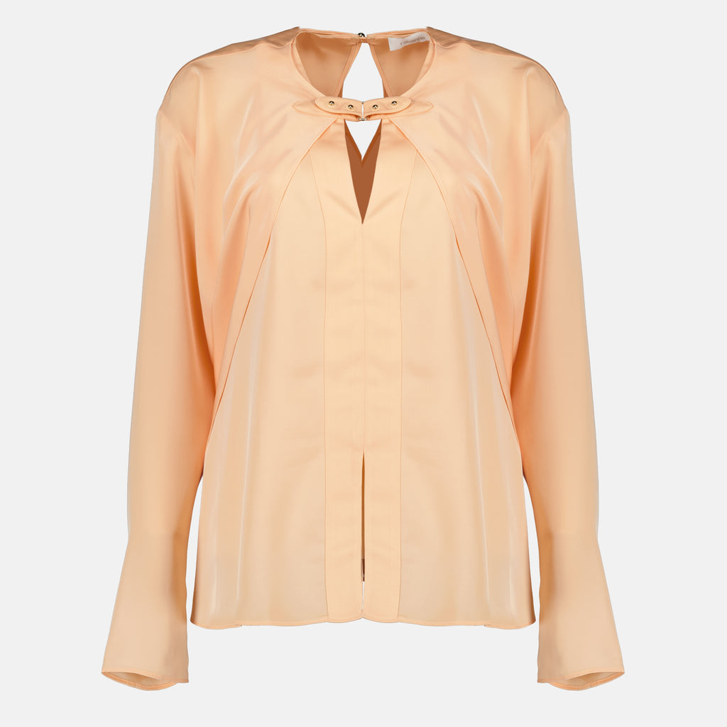여성용 Rabanne 브랜드의 긴 소매 새틴 블라우스 이미지 - 2026 봄-여름 시즌 - 정면 보기