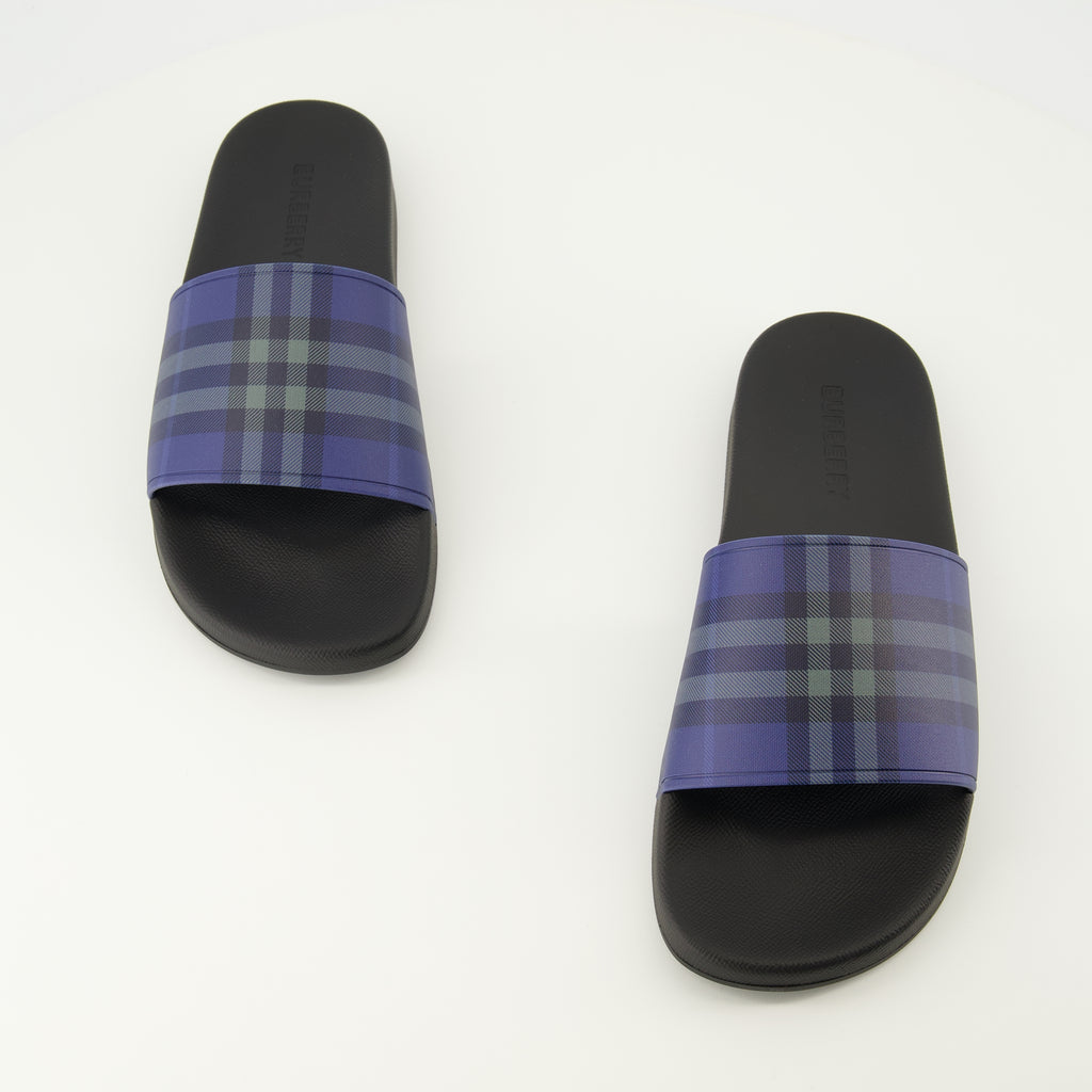 Chaussures ouvertes Check Navy Blue Slides Burberry Bleu fonce Homme