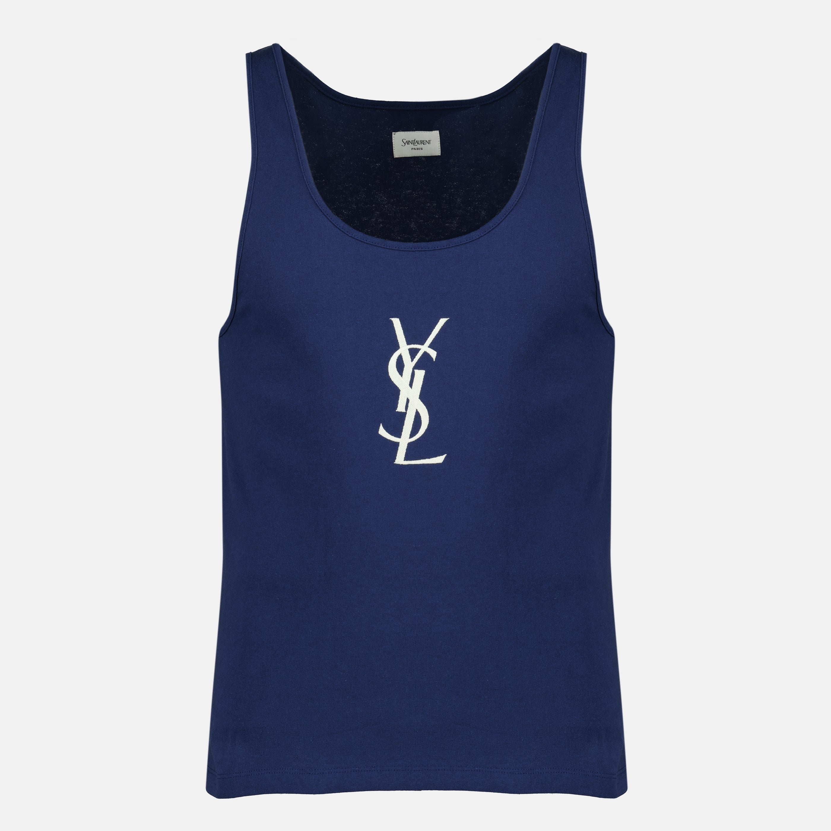 Image de l'article Débardeur Cassandre en coton bleu marine de la marque Saint Laurent pour Homme - Saison Printemps-Été 2026 - Vue de Face