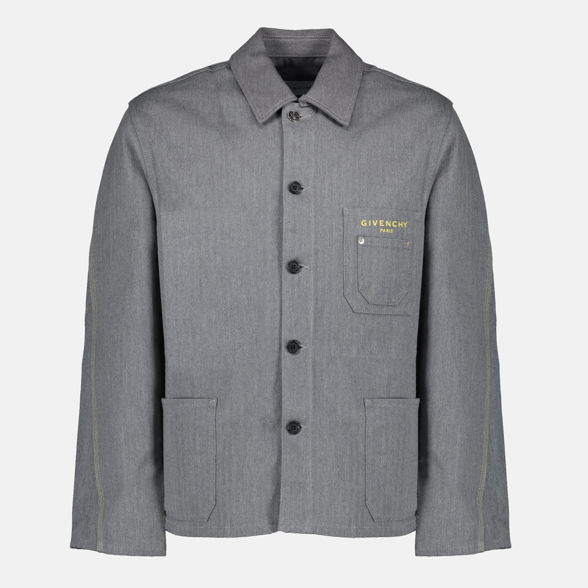 Image of the Givenchy Men's Grey Denim Chevron Jacket - Spring-Summer 2026 - Front View