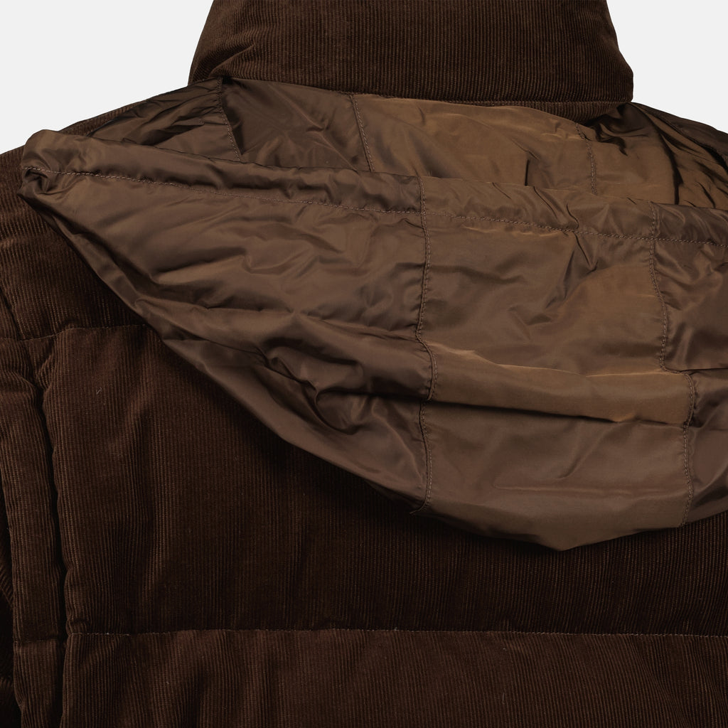 Image of the brown corduroy puffer jacket from Prada for Men - Autumn-Winter 2025 - Detailed View_4