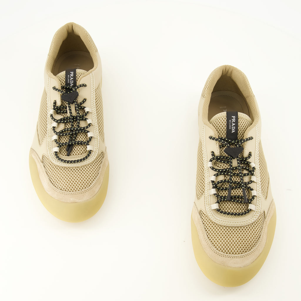 Baskets Sapatilhas Speedrock Beijes em Couro e Malha Prada Beige Homme