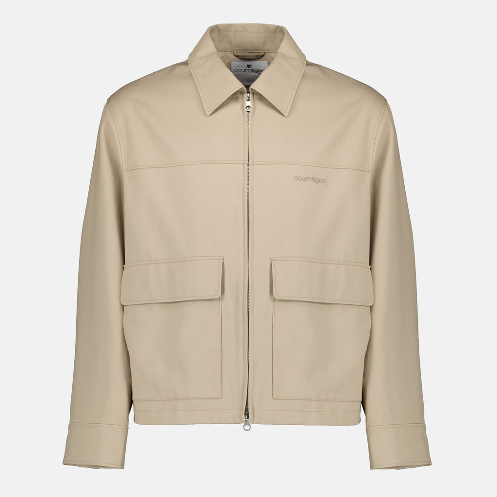 Image of the Courrèges beige zip-up jacket for men - Spring-Summer 2026 season - Front view
