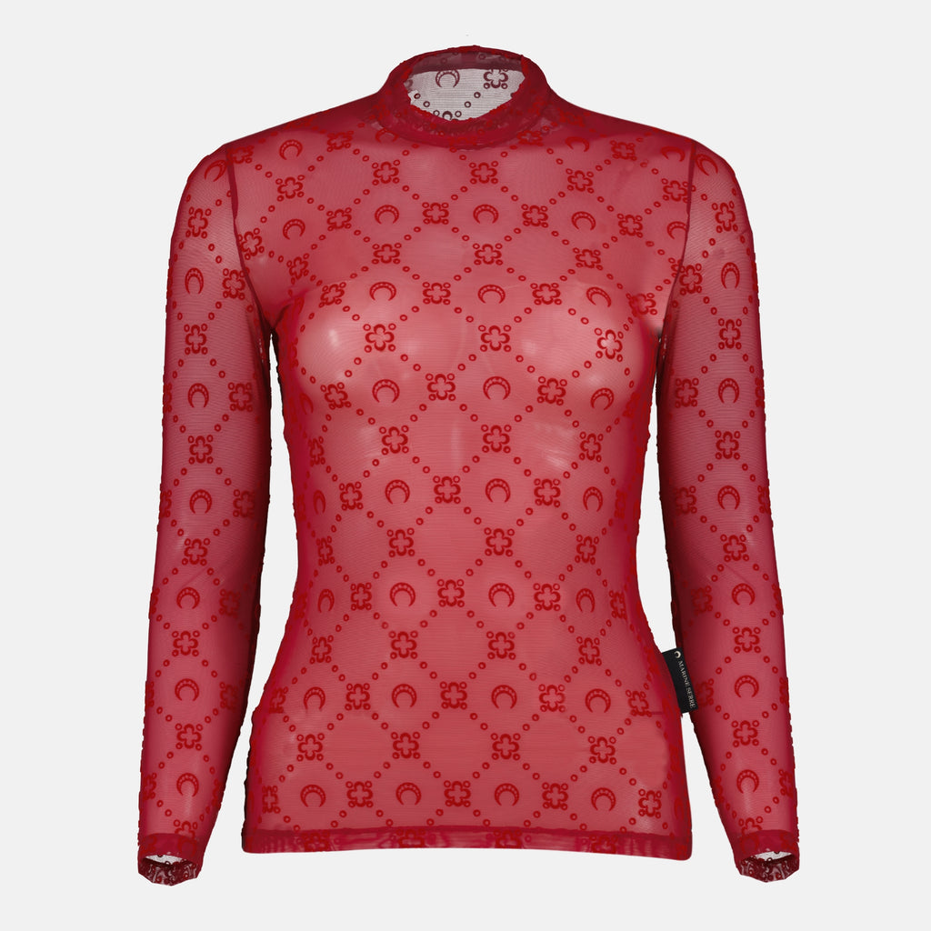 Immagine del top monogramma in rete rossa da donna di Marine Serre - Autunno-Inverno 2025 - Vista Frontal