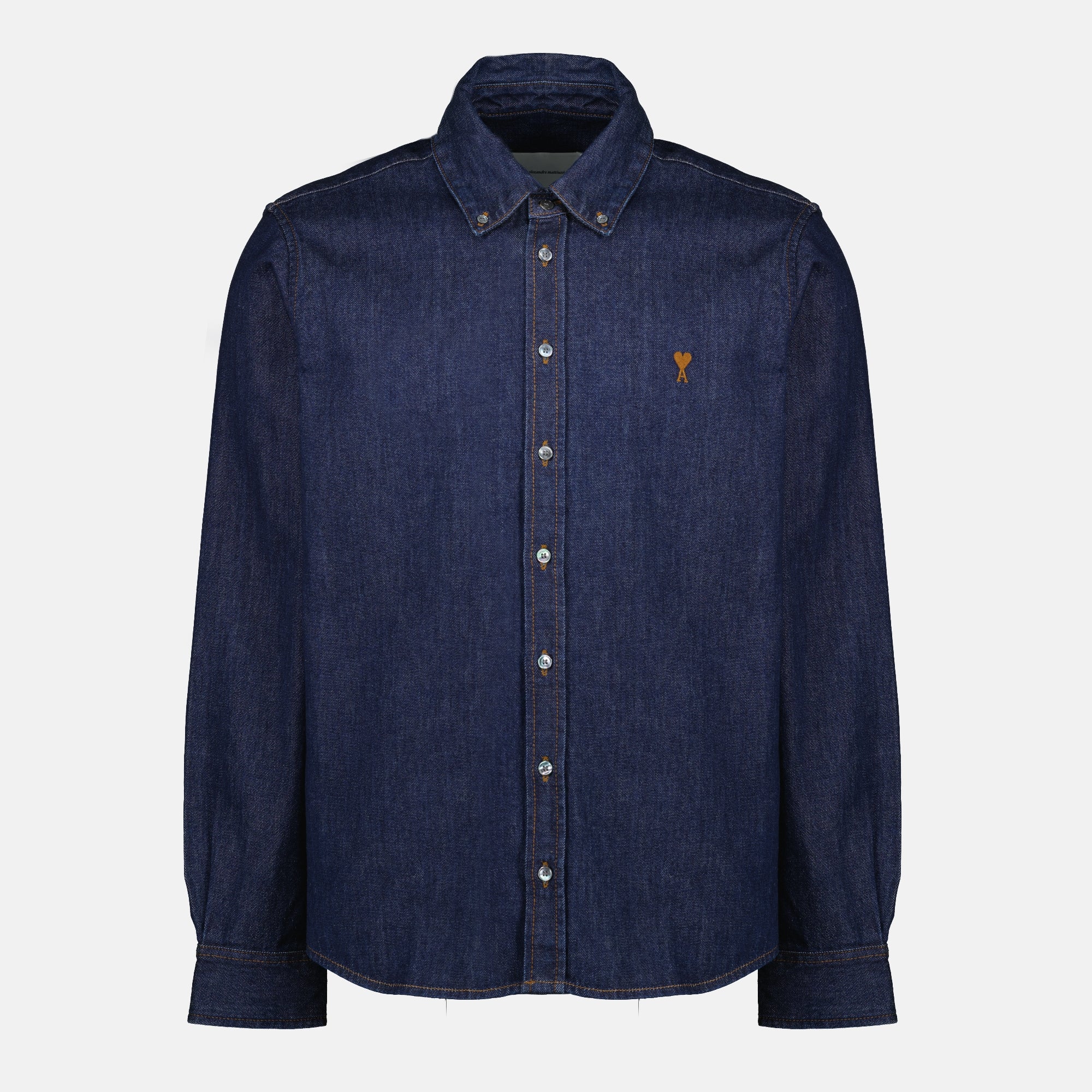 Image of the AMI heart denim shirt in blue from the brand Ami PARIS for Unisex - Spring-Summer 2026 - Front View