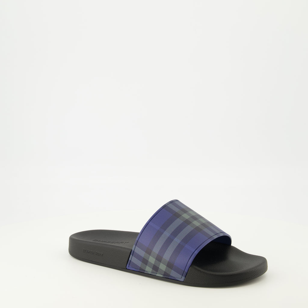 Chaussures ouvertes Check Navy Blue Slides Burberry Bleu fonce Homme
