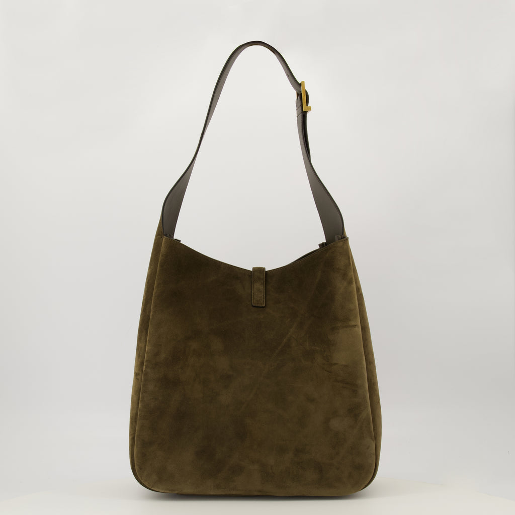Image de l'article Sac Le 5 à 7 large en cuir suède kaki de la marque Saint Laurent pour Femme - Saison Printemps-Été 2026 - Vue de Dos