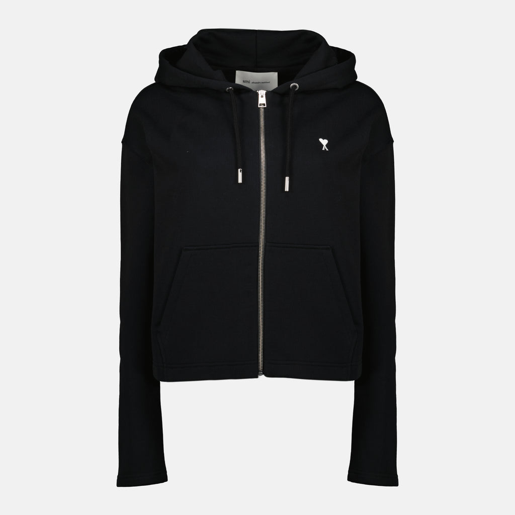 Image de l'article Sweat zippé noir à capuche de la marque Ami PARIS pour Femme - Saison Printemps-Été 2026 - Vue de Face